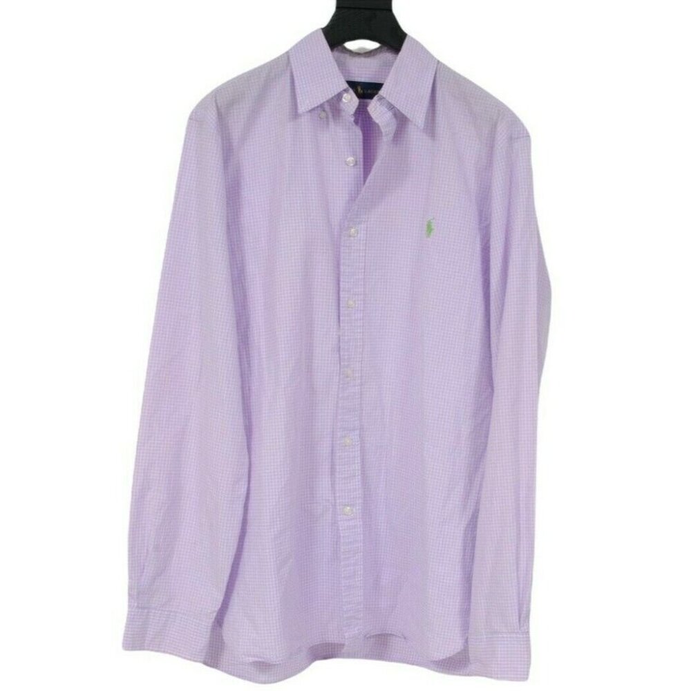 Polo Ralph Lauren Mens Button Down Shirt Size 15.5 Purple White Checkered Cotton
